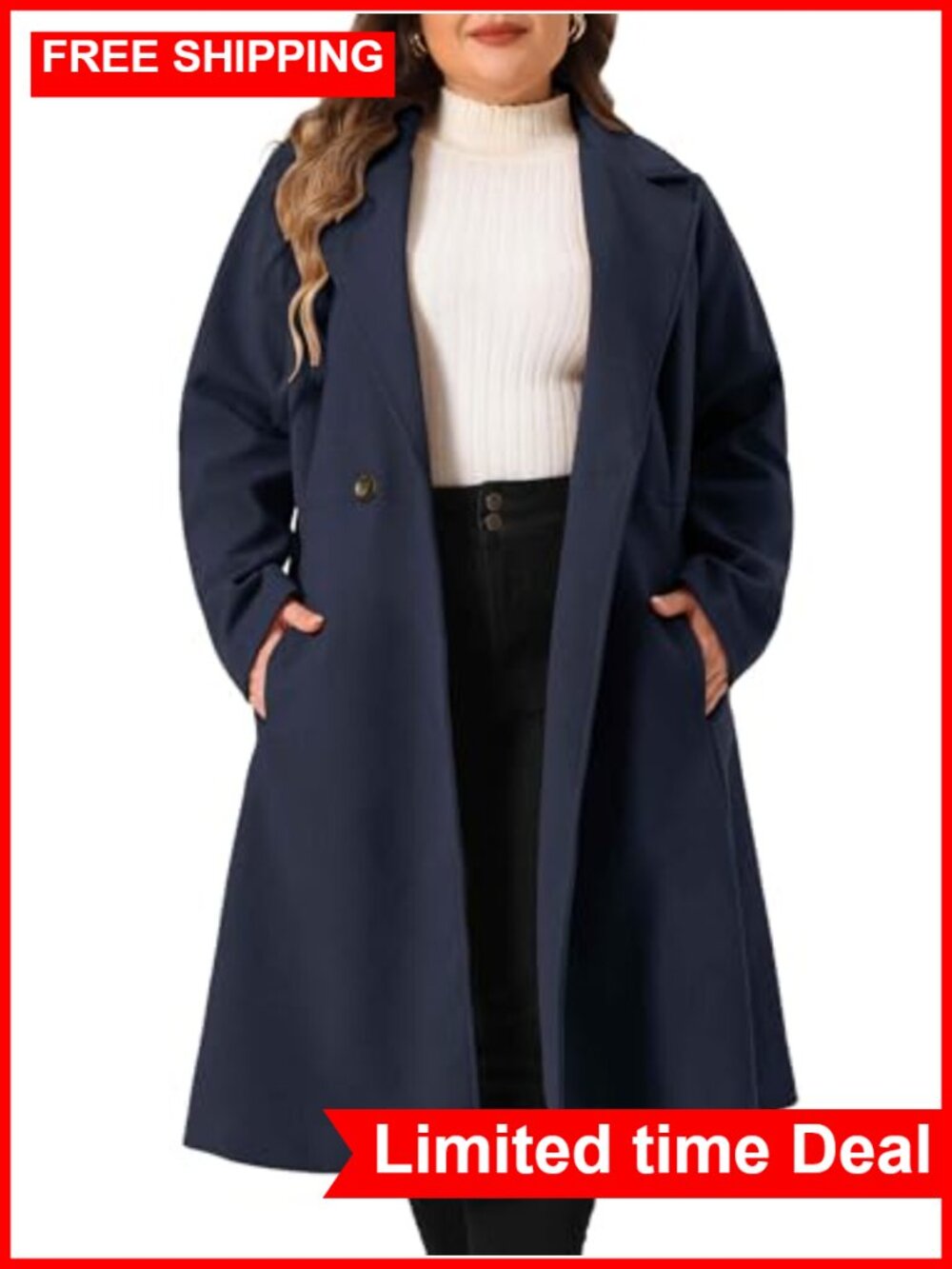 Plus Size Notch Lapel Double Breasted Long Pea Coat Polyester Tencel Winter
